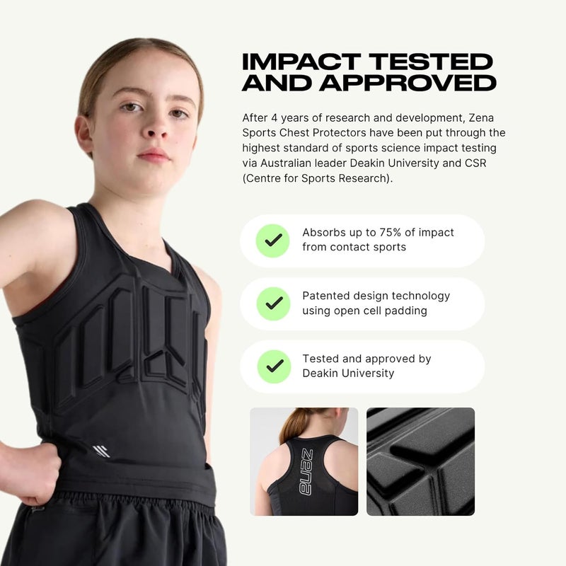 Zena Sport - Youth Chest Protector Vest for Girls - for Contact Sports, Softball, Lacrosse, Football & More - Sternum, Heart & Rib Protection - Ages 7-13 - Black - One Size - Image 3